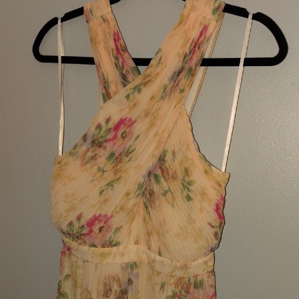 Wander Cream Floral Pleated Midi Dress with Pink and Green Accents - Picture 5 of 7